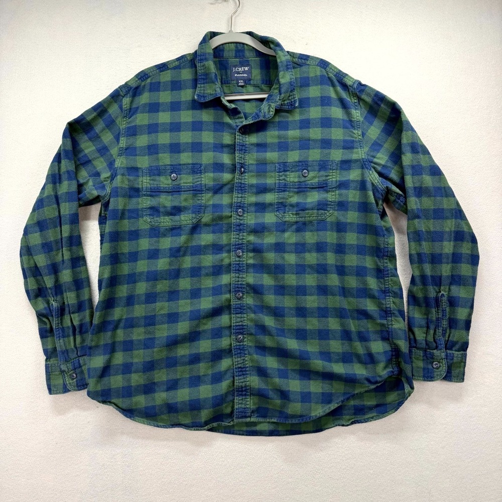 J.CREW Flannel Shirt Mens 2XL‎ Blue Green Check Buffalo Plaid Loose Camp Cabin